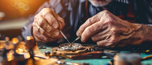 A closeup of a watch repair technician meticulously working on a pocket watch The technician wears a white glove and uses a small screwdriver to manipulate a tiny screw on the watch mechanism