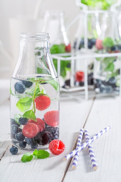 Closeup of water in bottle with berries and mint