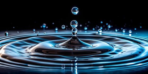 Closeup of water drop hitting water and creating a splash and a nice reflection black background