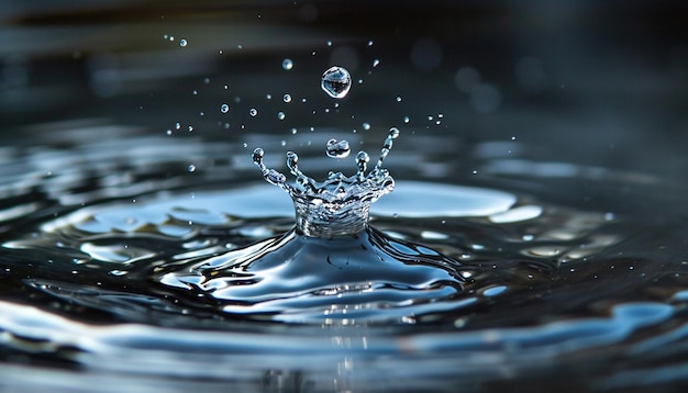 Closeup of a water drop splash in in a pond Macro shot blue and gray tones surface tension nature