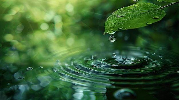 CloseUp of Water Droplet Falling on Leaf with Serene Green Background