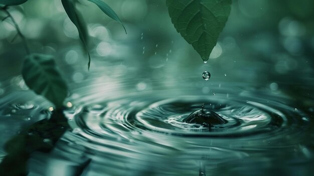 CloseUp of Water Droplet Falling on Leaf with Serene Green Background