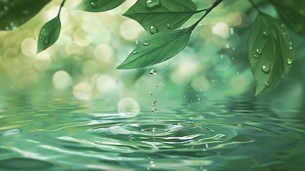 CloseUp of Water Droplet Falling on Leaf with Serene Green Background