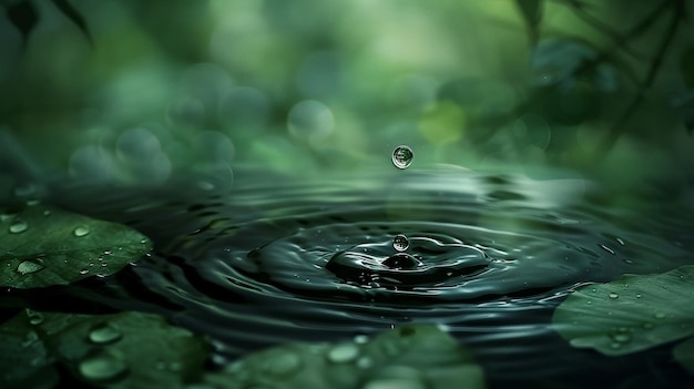 CloseUp of Water Droplet Falling on Leaf with Serene Green Background