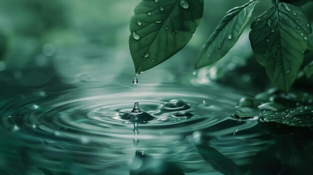 CloseUp of Water Droplet Falling on Leaf with Serene Green Background