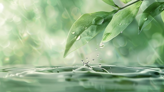 Photo closeup of water droplet falling on leaf with serene green background