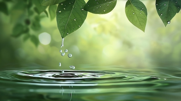 CloseUp of Water Droplet Falling on Leaf with Serene Green Background