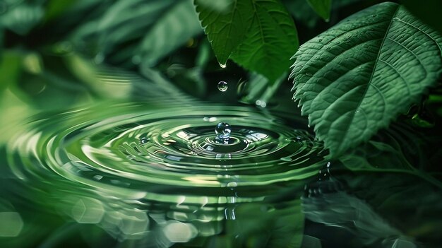 Photo closeup of water droplet falling on leaf with serene green background