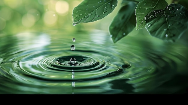 CloseUp of Water Droplet Falling on Leaf with Serene Green Background