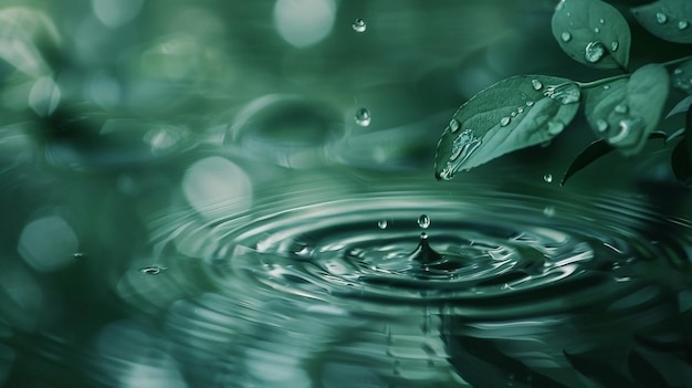 CloseUp of Water Droplet Falling on Leaf with Serene Green Background