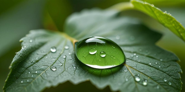 A closeup of a water droplet on a green leaf veins visible through the droplet