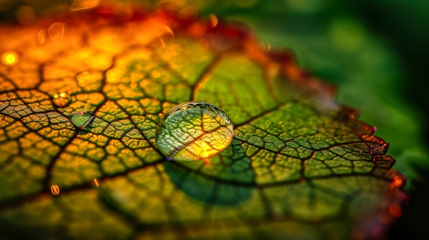 A closeup of a water droplet on a leaf magnifying the intricate network of veins