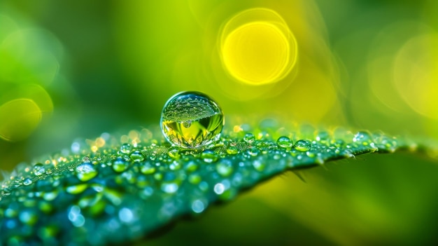 A closeup of a water droplet on a leaf magnifying the intricate network of veins