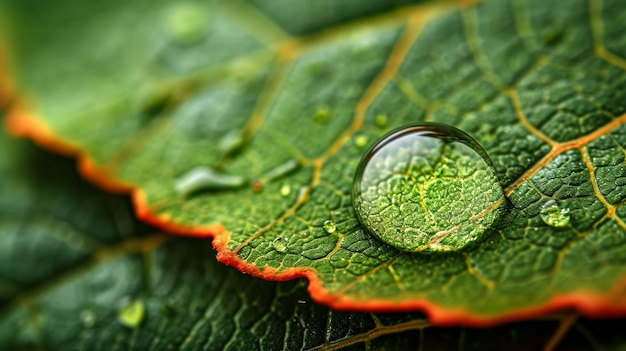 A closeup of a water droplet on a leaf magnifying the intricate network of veins