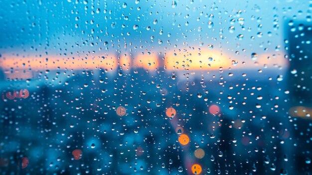 A closeup of a water droplet on a window pane refracts the world outside