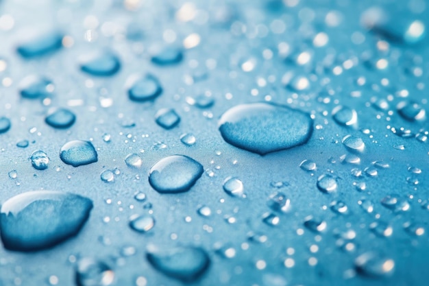 Closeup of water droplets on a blue surface