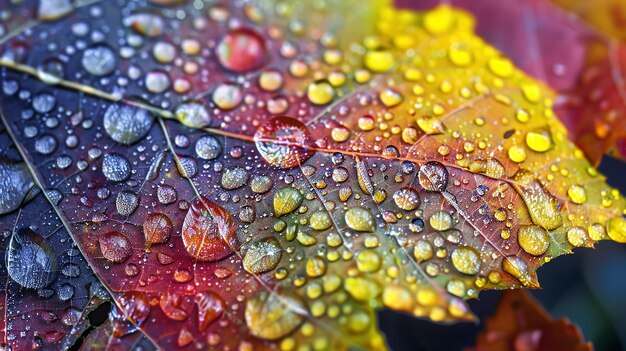 Closeup of water droplets on a colorful autumn leaf