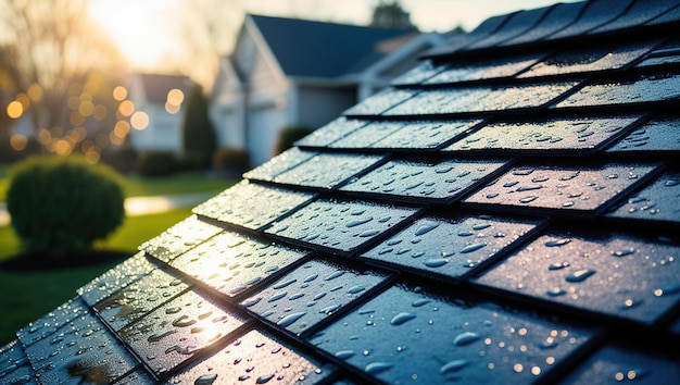 Closeup of water droplets on a dark blue asphalt shingle roof with a blurred background of a suburban neighborhood at sunset