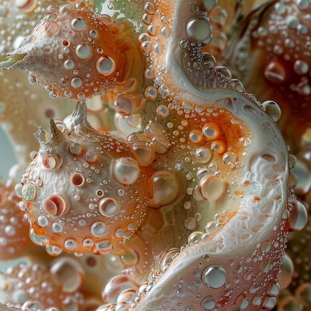 Photo closeup of water droplets on a delicate coral structure illuminated by soft light