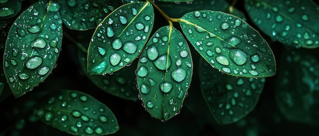 A closeup of water droplets on the edge of vibrant green leaves