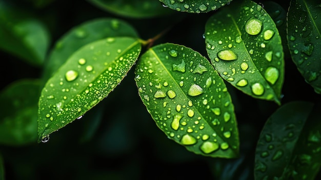 A closeup of water droplets on the edge of vibrant green leaves