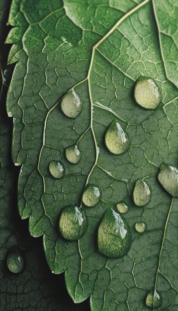 Photo closeup of water droplets on green leaf