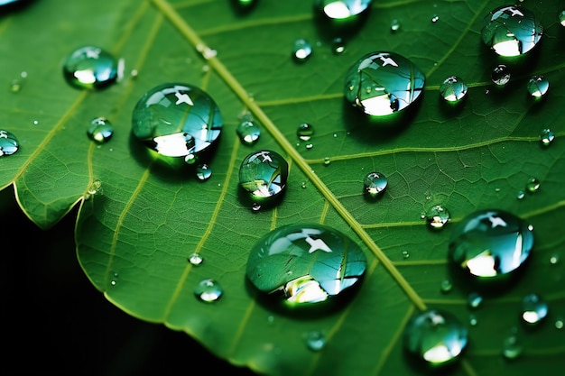 Closeup of water droplets on a leaf capturing the abstract refractions and reflections