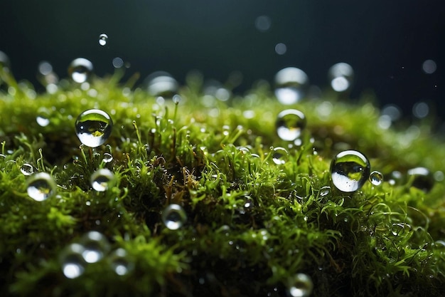 Closeup of water droplets on moss