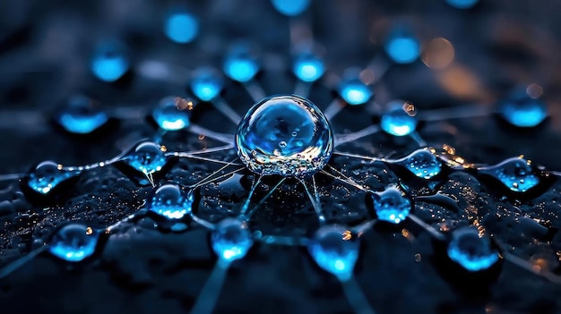 A closeup of water droplets on a spider web glistening in the early morning light