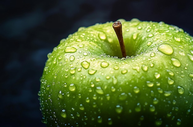 Photo closeup of water droplets on the surface of a green apple