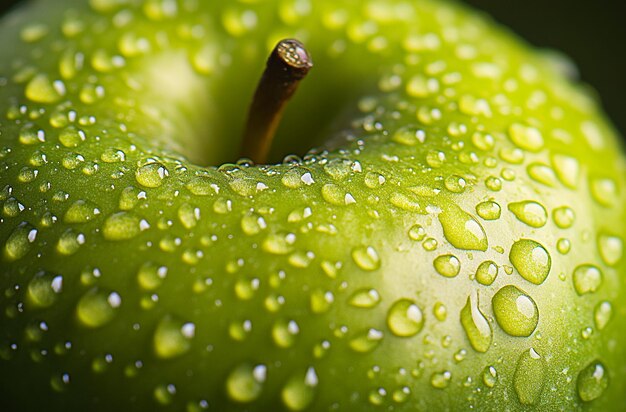 Closeup of water droplets on the surface of a green apple