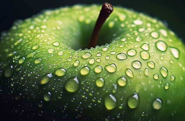 Closeup of water droplets on the surface of a green apple