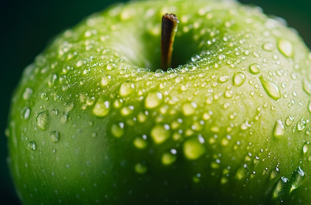 Photo closeup of water droplets on the surface of a green apple