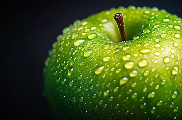 Photo closeup of water droplets on the surface of a green apple