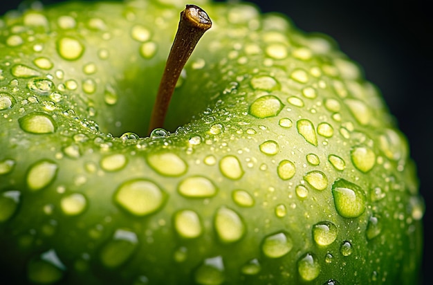 Closeup of water droplets on the surface of a green apple