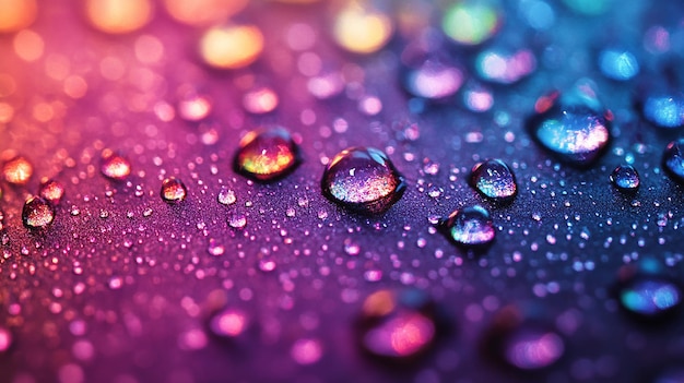 Closeup of water droplets on a vibrant pink and purple background with bokeh lighting effects