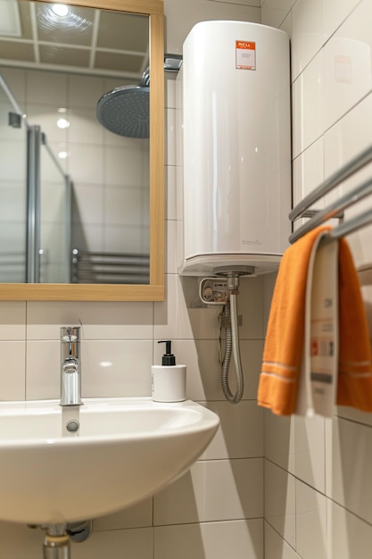 Closeup water heater in a modern bathroom with mirror and washbasin sink