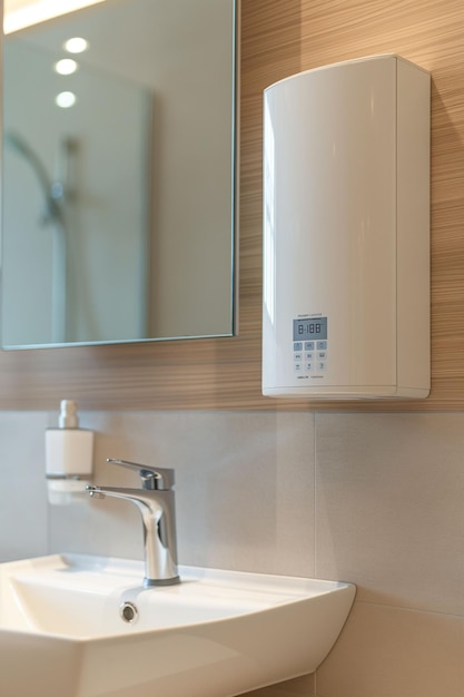 Closeup water heater in a modern bathroom with mirror and washbasin sink