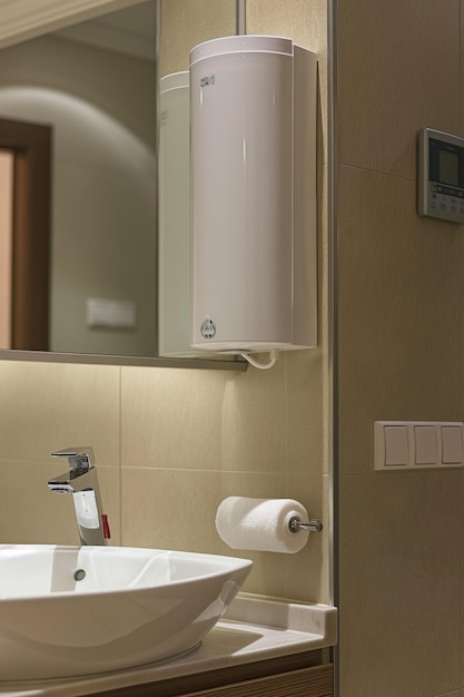 Closeup water heater in a modern bathroom with mirror and washbasin sink