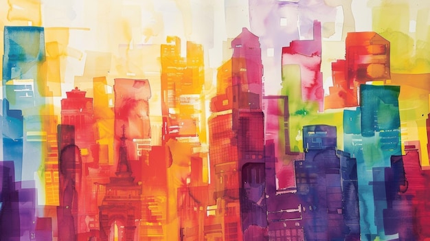 A closeup of a watercolor painting of a city skyline each building and feature bursting with bold