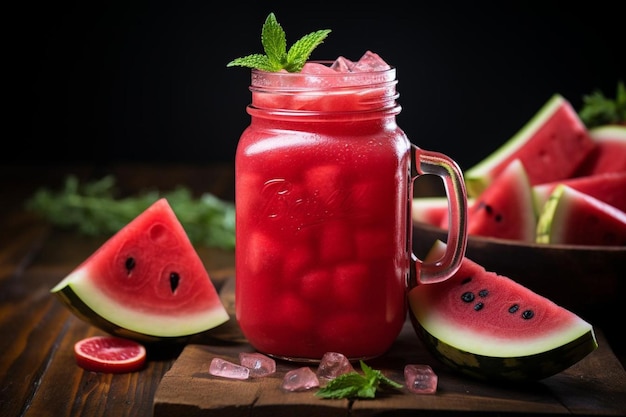 Closeup of Watermelon Juice in Mason Jar with Ice Watermelon Juic image photography