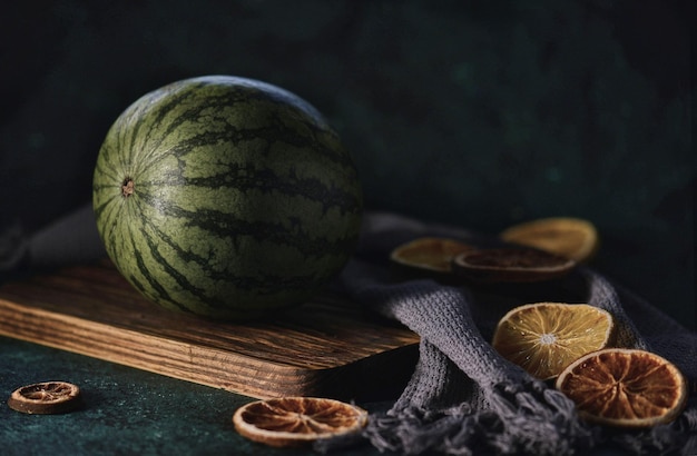 Closeup of a watermelon on a wooden board with dried grapefruit and orange slices on the table