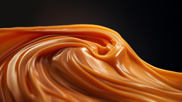 Photo closeup of a wave of flowing caramel against a dark background