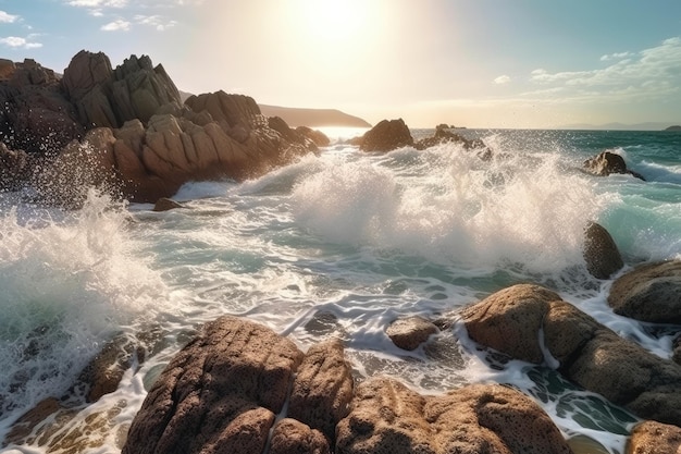 Closeup waves crashing against rocks on shore