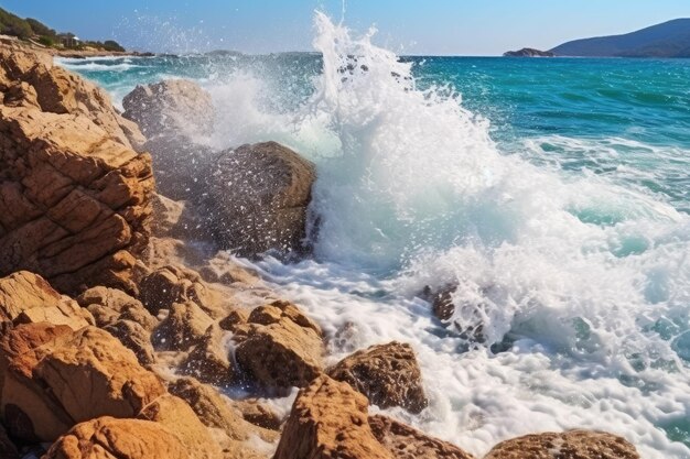 Closeup waves crashing against rocks on shore