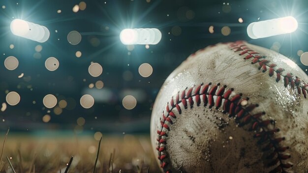 Closeup of a weathered baseball on a field lit by stadium lights with a bokeh effect