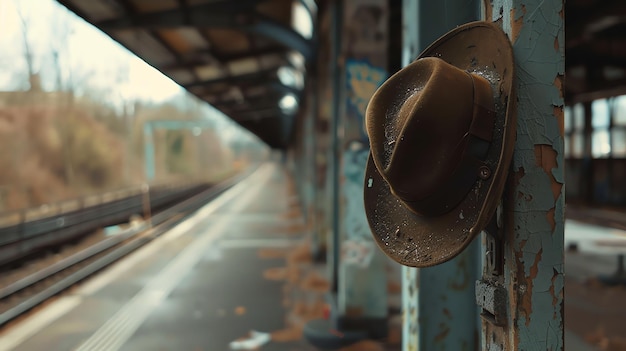 Closeup of a weathered brown cowboy hat hanging on a wooden post with peeling blue paint in a rural setting