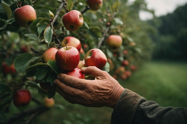 A closeup of a weathered farmer's hands delicately plucking ripe red apples from a lush green tree