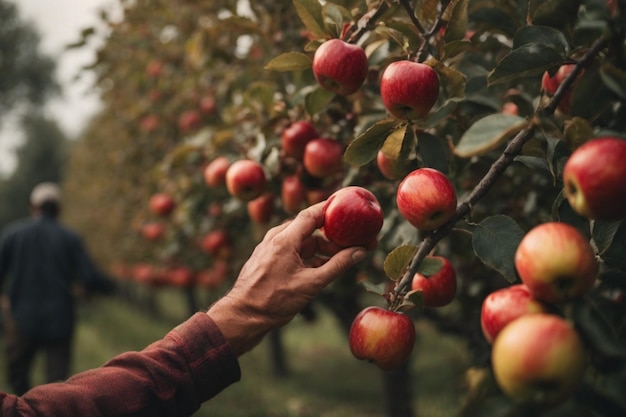 A closeup of a weathered farmer's hands delicately plucking ripe red apples from a lush green tree