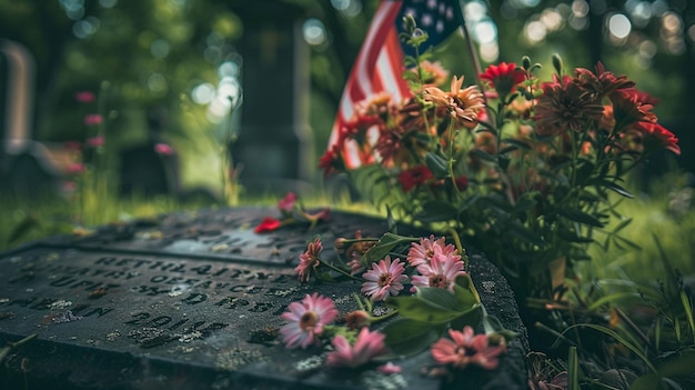 Photo a closeup of a weathered gravestone etched with a fallen soldiers name a small american flag planted beside it and a vibrant bouquet of flowers